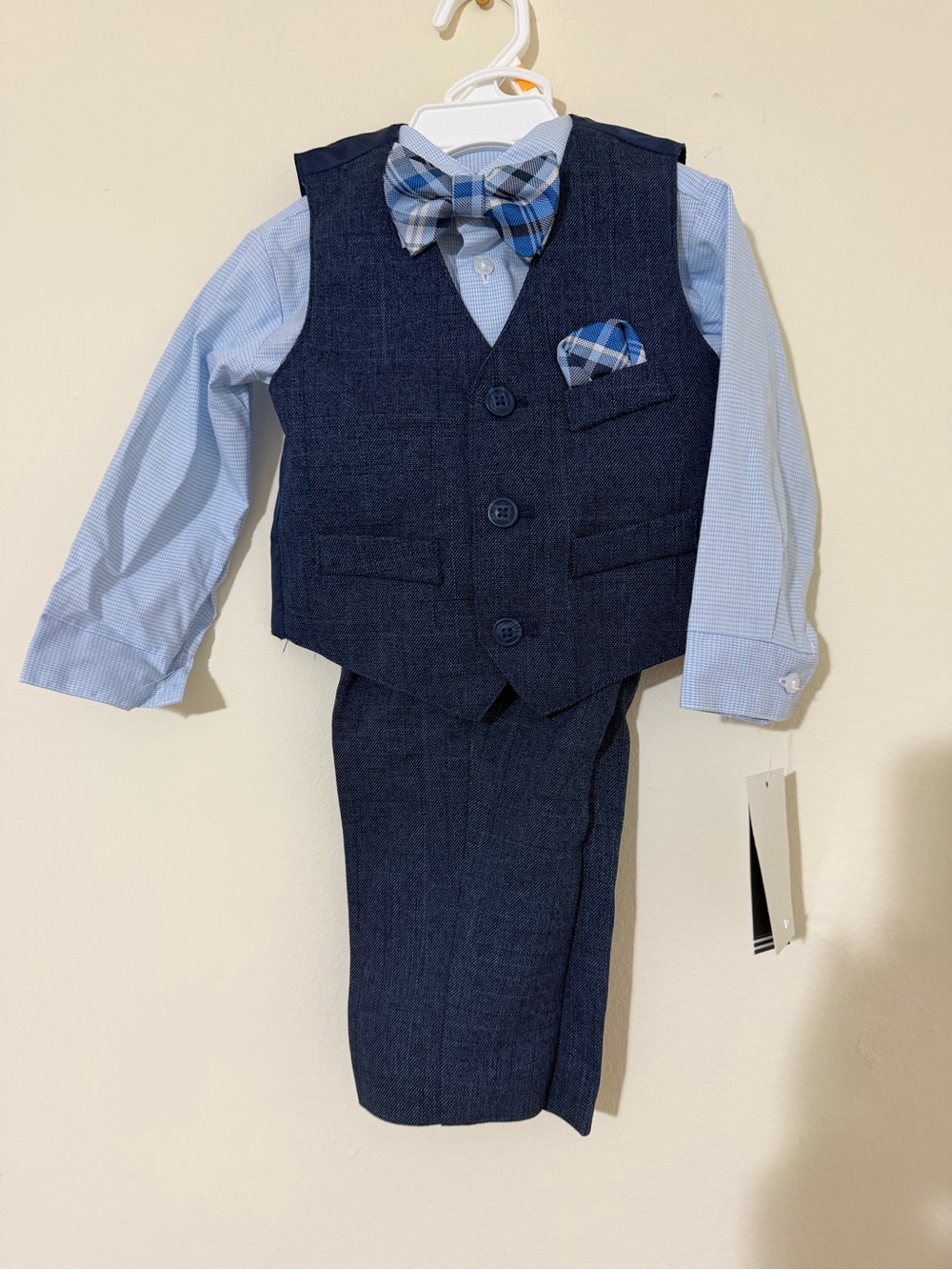 Nautica Boys Navy Vest Suit with Light Blue Shirt and Blue Plaid Bow Tie